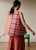 Tie Front Panelled Check Cotton Top | Bright Red/Wisteria
